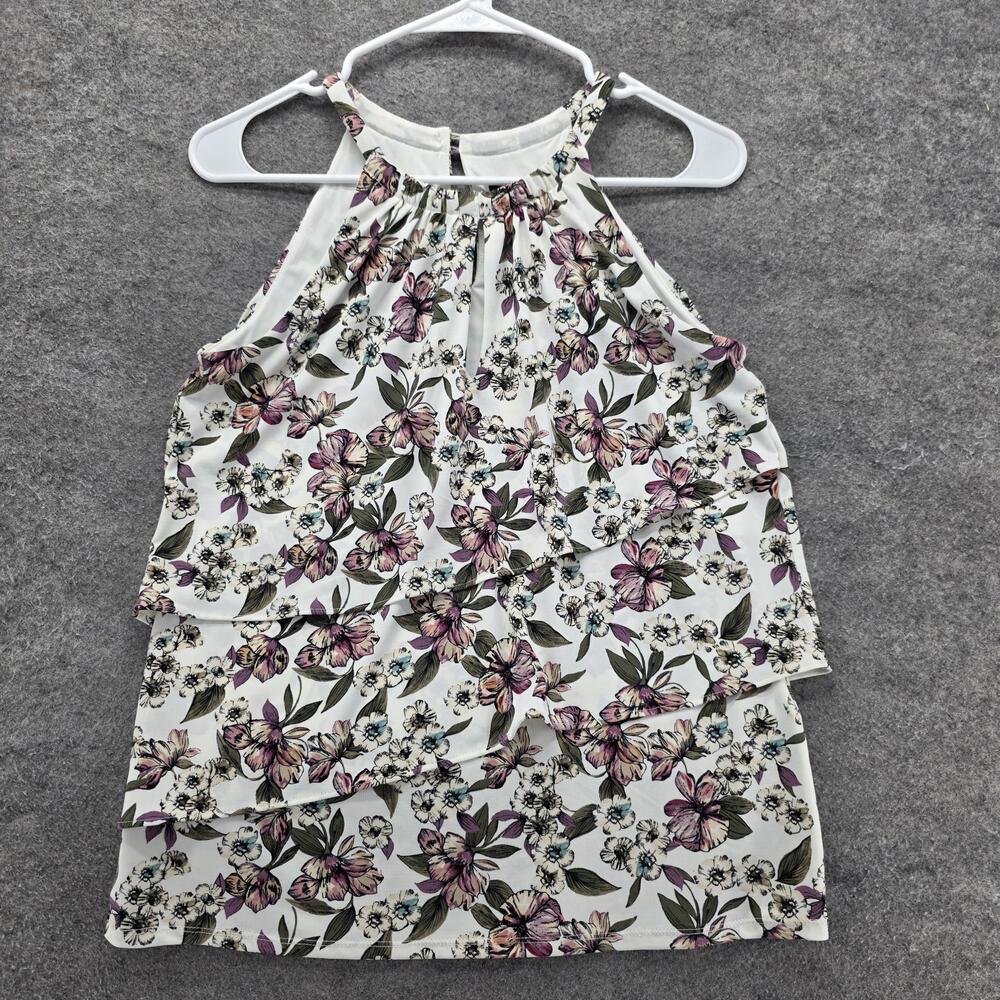 White House Black Market Blouse Tunic Womens XS White Floral Ruffle Halter